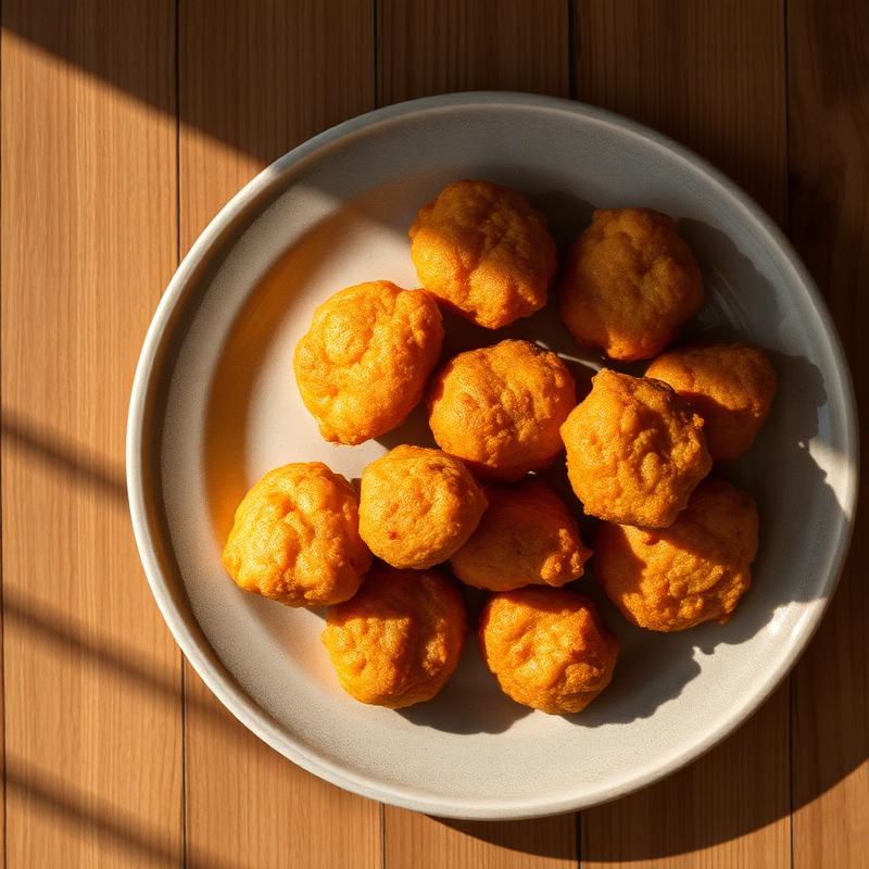 Golden andazi pieces served on a plate.