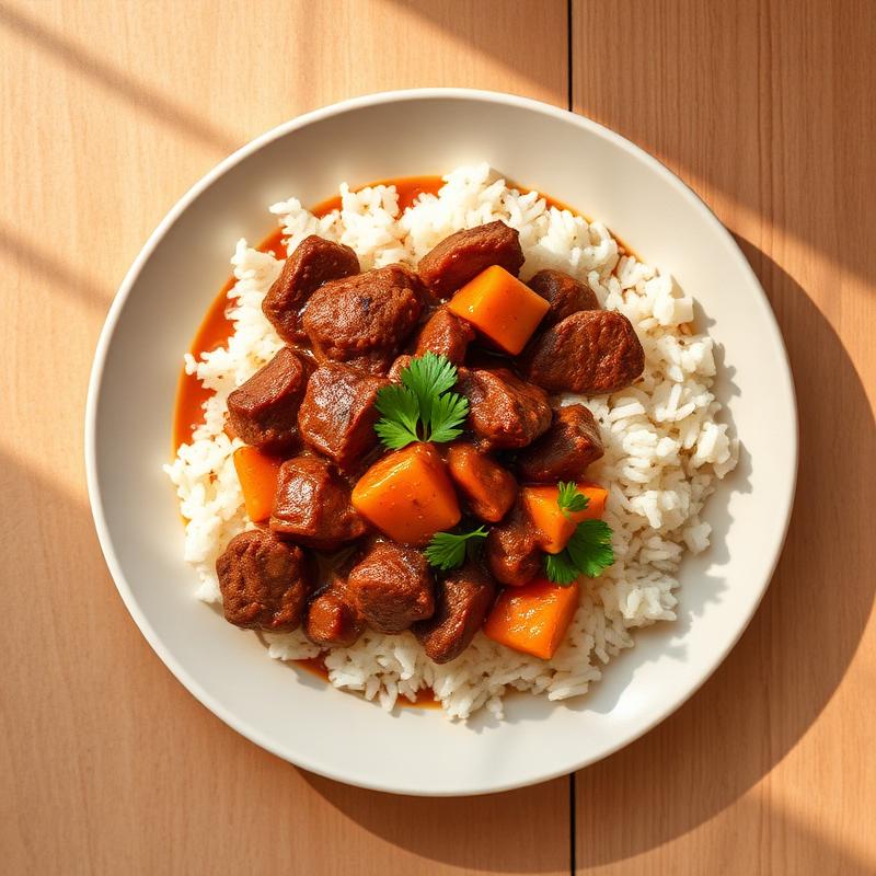 Beef stew served with white rice.