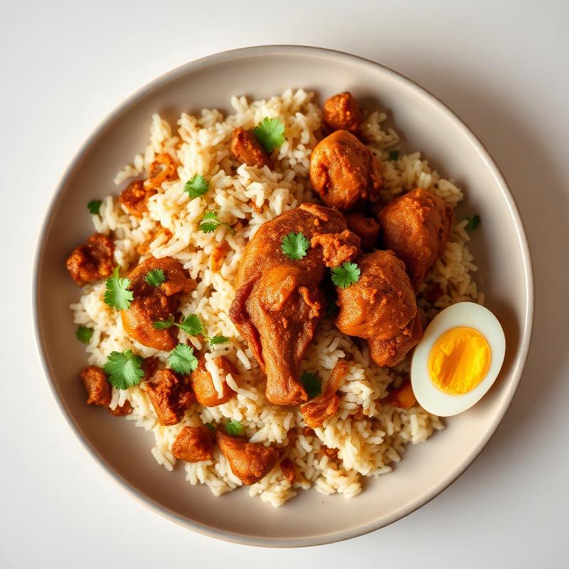 Chicken biriyani rice with boiled egg garnish.