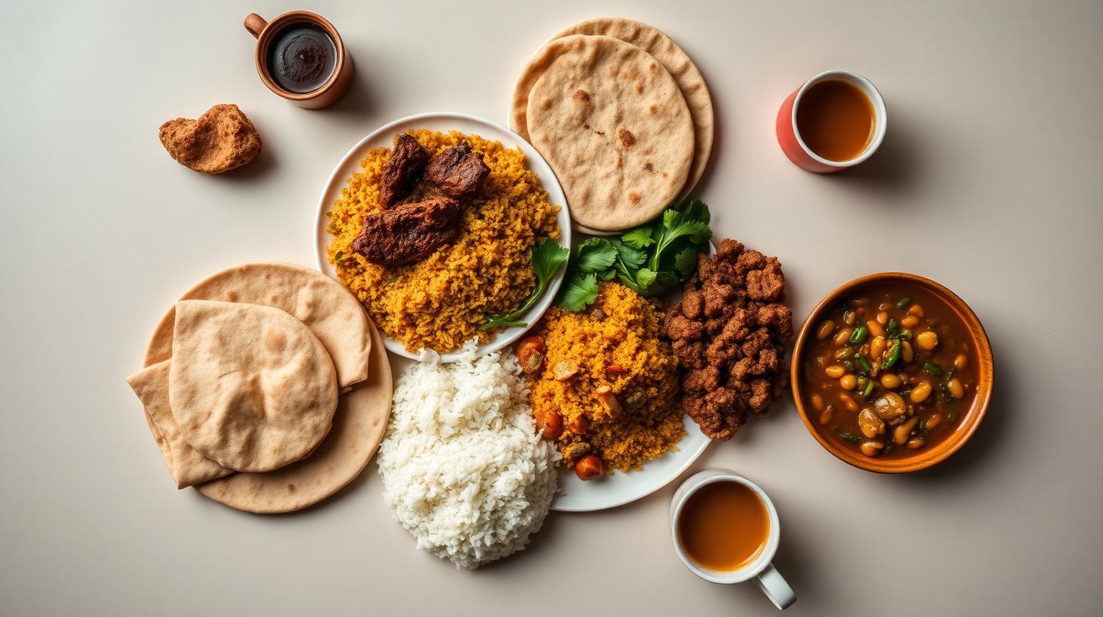 A spread of Kenyan dishes including pilau, chapati, rice, chai, and beans from Roba Dishes.