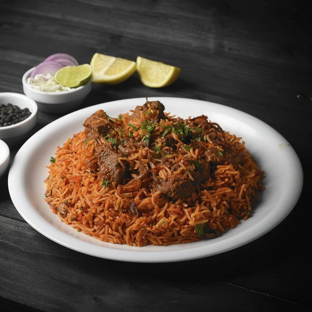 Dark spiced pilau rice topped with tender beef pieces.
