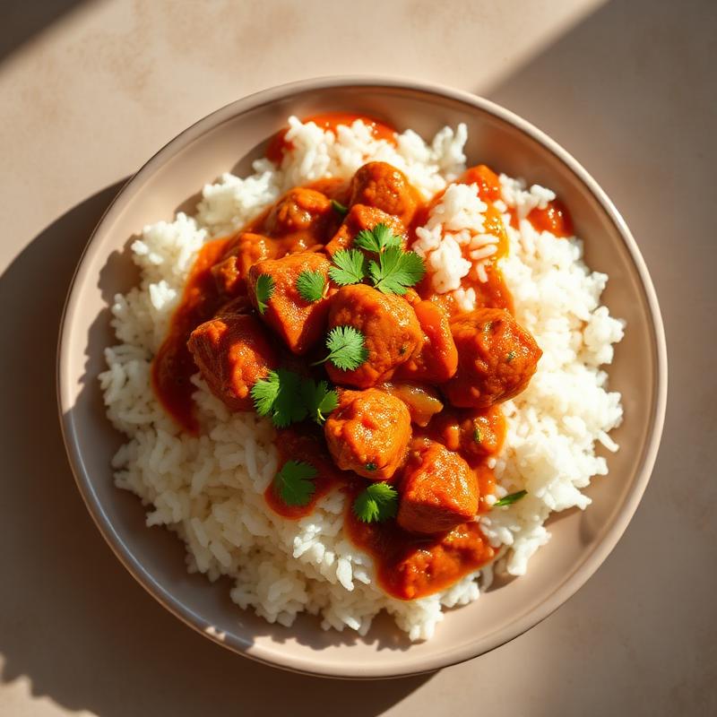 White rice served with chicken stew in red sauce.